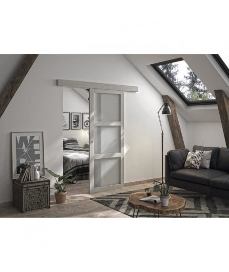 OPTIMUM - Kit porte coulissante 3 carreaux + rail + bandeau Bilbao - H.204xL.83xP.4 cm - Chene gris clair