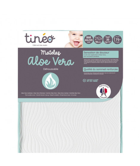 TINÉO - Matelas bébé 60x120x10cm Aloe vera, Peau Sensible, Propriétés Anti Bactériennes/Allergenes, Apaisant, Fabriqué En France