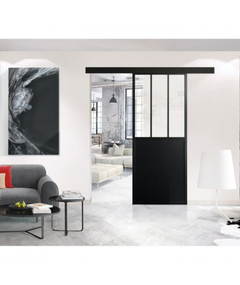 OPTIMUM - Kit porte coulissante + rail + bandeau Atelier - H 204 x L 73 x P 4 cm - Noir verre transparent