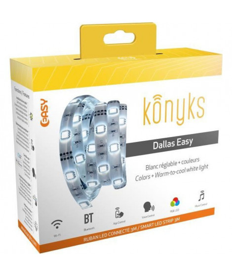 Konyks Dallas Easy - Ruban LED connecté Wi-Fi + BT, Couleurs RGB + Blance réglable, longueur 3m, compatible Alexa & Google Home