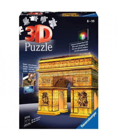 Puzzle 3D Arc de Triomphe illuminé - Ravensburger - Monument 216 pieces - sans colle - avec LEDS couleur - Des 8 ans