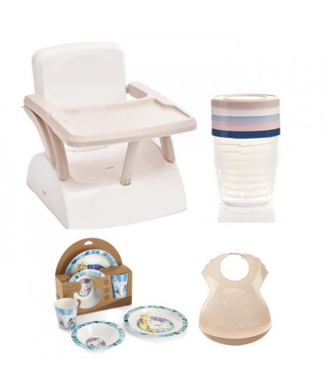 Rehausseur de chaise pour enfant + Boîtes de conservation + Coffret vaisselle micro-ondes + Bavoir semi-rigide