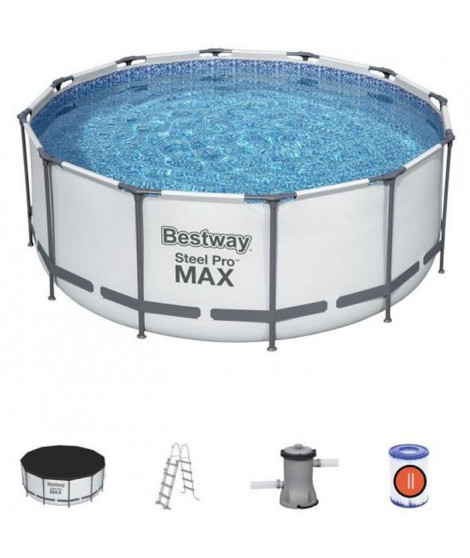 Kit Piscine hors sol tubulaire BESTWAY Steel Pro Max - 366 x 122 cm - Ronde (Livrée avec un filtre a cartouche, échelle, bâche)