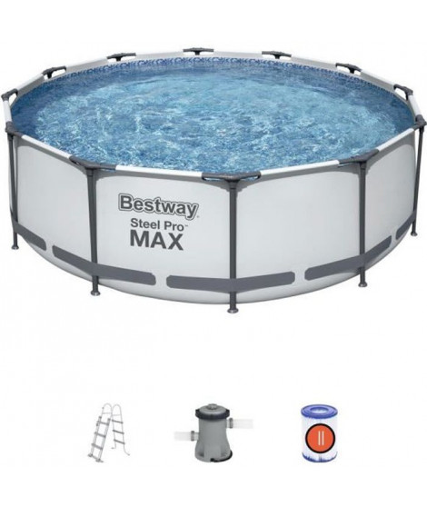 Kit Piscine hors sol tubulaire BESTWAY Steel Pro Max- 366 x 100 cm - Ronde (Livrée avec filtre a cartouche + échelle de sécu…