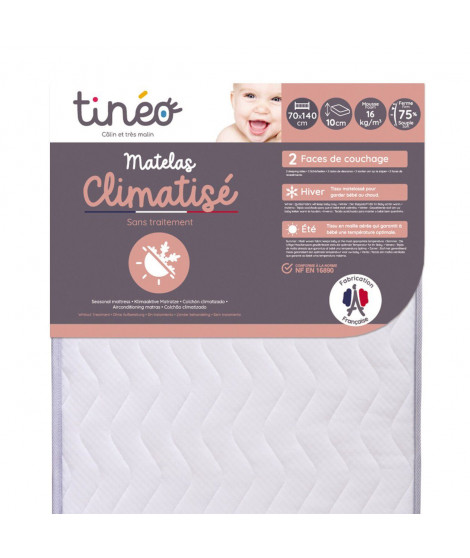 TINÉO - Matelas Climatisé 70x140x10cm, Matelas Bébé, Climatisé, 1 Face Été, 1 Face Hiver, Sans Traitement, Fabriqué En France