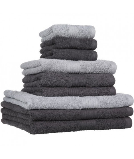 Lot de 9 serviettes de bain ESSENTIAL - 100% Coton - 50 / 90 / 130 cm - Coloris fusain et acier - TODAY