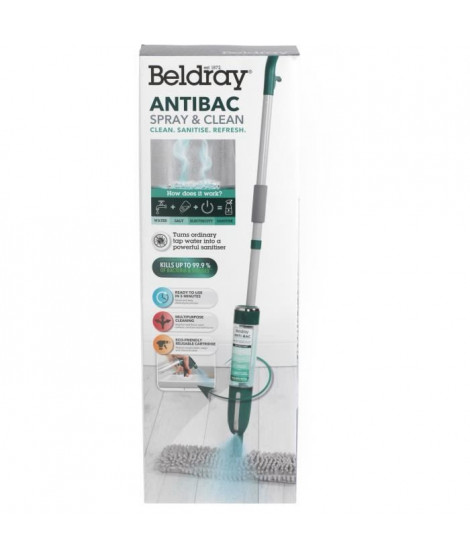 BELDRAY Antibac Spray & Clean Mop - Balai éléctrique avec spray - Bouteille d'eau réutilisable 400ml - Tampon de balai en mic…