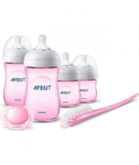 PHILIPS AVENT SCD301/03 Kit nouveau-né Natural Rose - Lot de 2 biberons 125ml + 2 biberons 260ml Natural + 1 goupillon + 1 su…