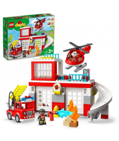 LEGO 10970 DUPLO La Caserne Et L'Hélicoptere des Pompiers, Jouet de Camion, Motricité, Grandes Briques, Cadeau Enfants Des 2 Ans