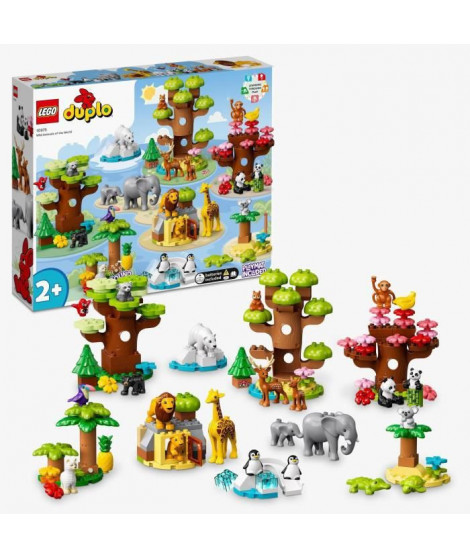 LEGO 10975 DUPLO Animaux Sauvages du Monde, Jouet Éducatif des 2 Ans, 22 Figurines de Lions, Daims, Alpaga, avec Tapis de Jeu
