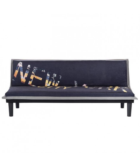 Banquette clic clac 3 places CASSY - Imprimé New York - Tissu Noir/Gris - L 179 x P 79 x H 74 cm