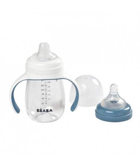 BEABA, Biberon/Tasse d'apprentissage 2 en 1, Tasse Paille Enfant, 100% étanche, Anti-fuite, 210 ml - windy blue