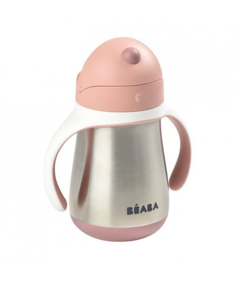 BEABA, Biberon/Tasse d'apprentissage /Gourde Bébé 2 en 1 Inox, Tasse Paille Enfant, 100% étanche, Anti-fuite, 250ml, Rose