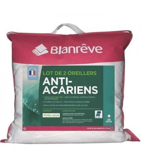 BLANREVE Lot de 2 Oreillers Triple Protection - 60 x 60 cm - Blanc