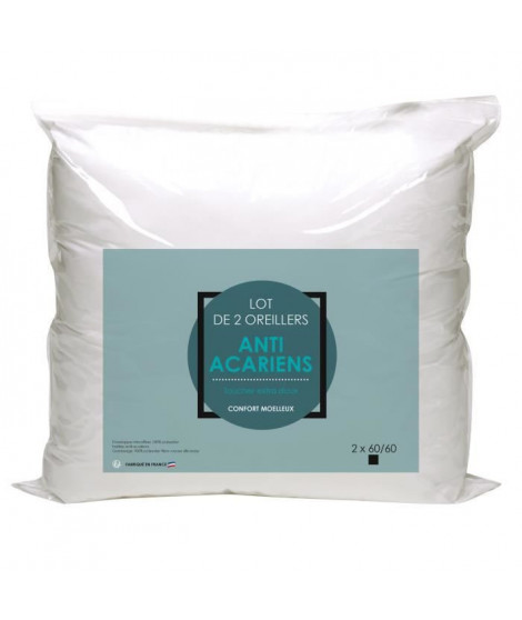 Lot de 2 oreillers Microfibre Anti-Acariens 60x60cm