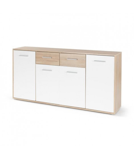 PILVI Buffet bas 4 portes 4 tiroirs - Blanc et chene sonoma - L 162,3 x P 34,2 x H 88,1 cm