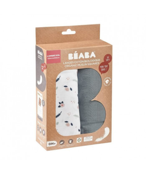 BEABA, Boîte 2 LANGES 120cm -  Gris Stormy / Flore printaniere