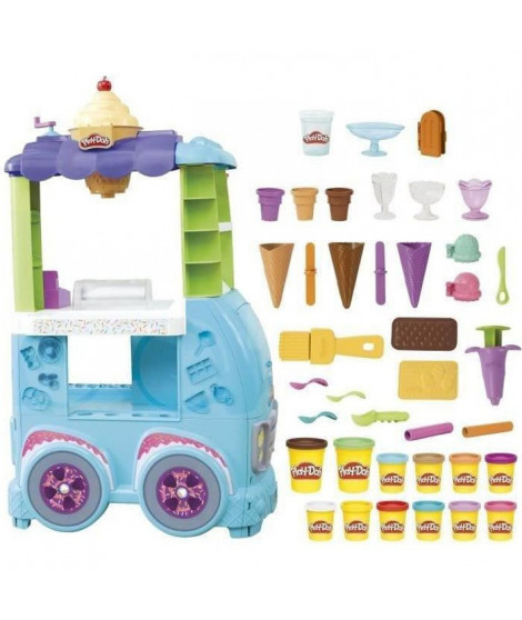 Play-Doh Camion de glace géant, inclut 27 accessoires, 12 pots de pâte a modeler, sons réalistes