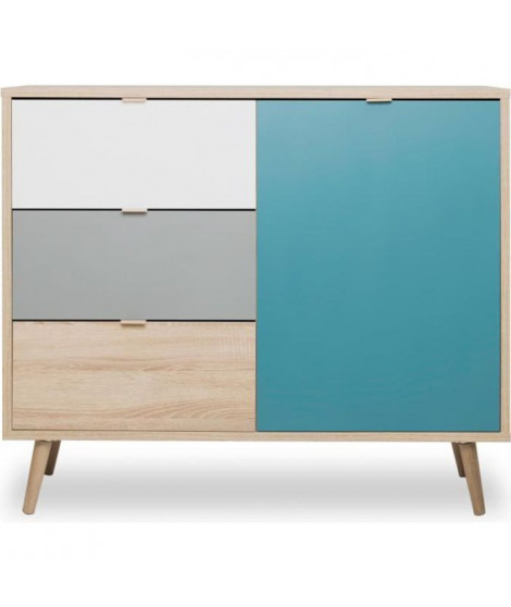 Meuble de rangement - Chene, gris et bleu pétrole - Scandinave - CUBA - L 103 cm