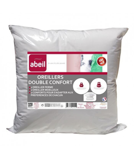 ABEIL Lot de 2 Oreillers DOUBLE CONFORT 100% Coton 60x60cm