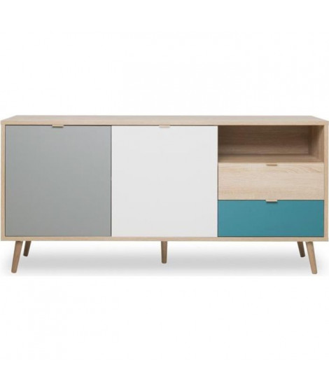 Buffet bas - Chene, gris et bleu pétrole - Scandinave - CUBA - L 150 x P 40 x H 71 cm