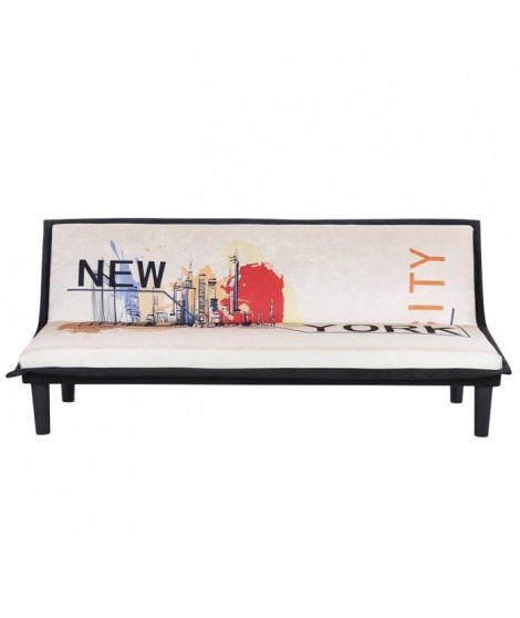 Banquette clic clac 3 places CASSY imprimé New York - Tissu blanc et noir imprimé New York - L 179 x P 79 x H 74 cm