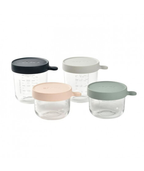 BÉABA Coffret 4 portions verre, pots de conservation (150ml pink / 150ml eucalyptus green / 250ml light mist / 250ml dark blue)