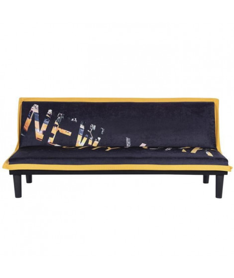 CASSY Banquette clic clac 3 places imprimé New York - Tissu Noir/Jaune - L 179 x P 79 x H 74 cm