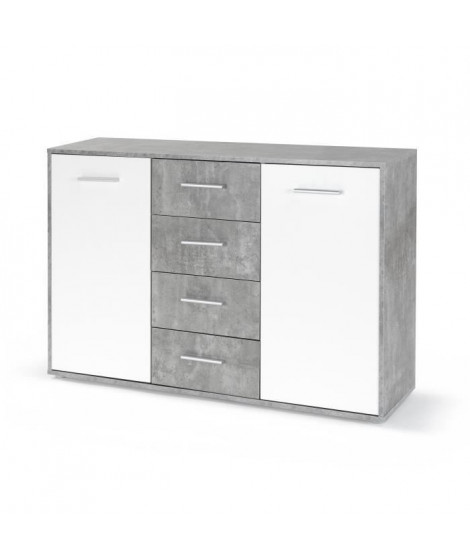 PILVI Buffet bas 2 portes 4 tiroirs - Blanc et béton gris clair - L 122,6 x P 34,2 H 88,1 cm