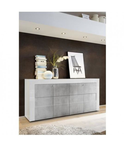 Buffet 4 Portes - Blanc Laqué brillant & façade Beton - L 180 x P 41 x H 83 cm - GENOVA