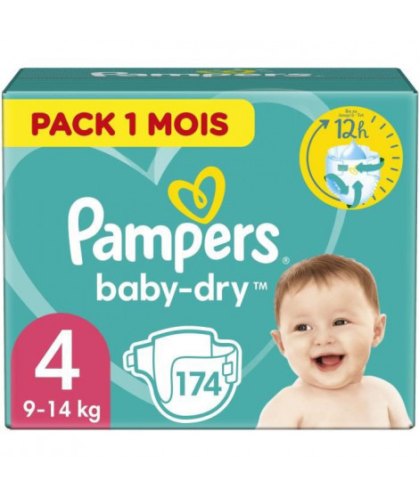 PAMPERS Baby-Dry Taille 4, 9-14 kg - 174 Couches - Pack 1 Mois