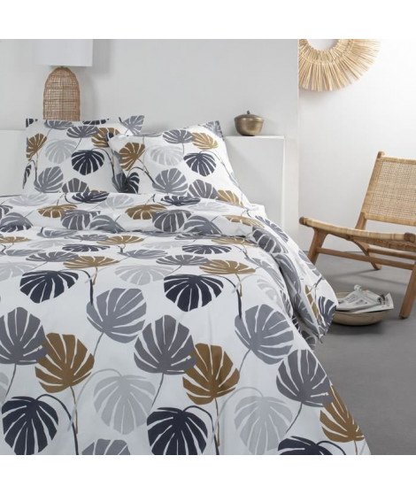 Parure de lit Sunshine - 2 personnes - 260 x 240 cm - 100% coton - Blanc et gris Motif Tropical - TODAY