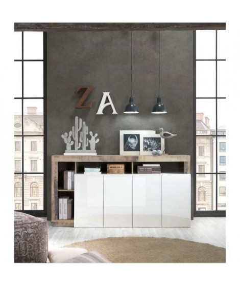 Buffet MAESTRO - Panneaux de particules - Effet Bois Vintage et blanc Laqué - 4 portes - L 184 x P 42 x H 93 cm