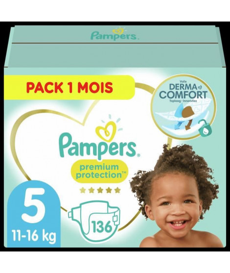 PAMPERS Premium Protection Taille 5 11-16kg - 136 Couches, Pack 1 Mois