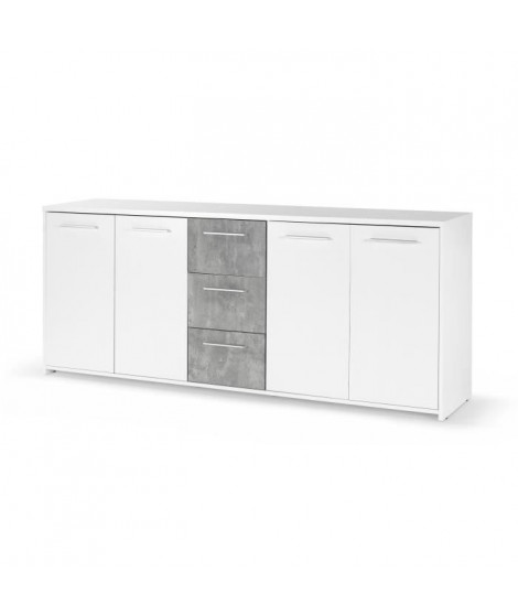 Buffet bas 4 portes 3 tiroirs - Blanc et décor gris béton - L 179 x P 42 x H 74,5 cm