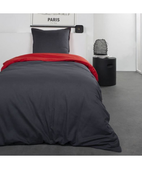 TODAY Parure de lit Coton 1 personne - 140x200 cm - Bicolore Gris et Rouge Alix