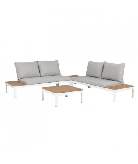 Salon de jardin modulable, en aluminium couleur blanc et polywood - 4 personnes avec coussins gris - SANTANA