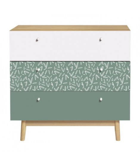 Commode 3 tiroirs - Décor chene et vert - Pieds en bois massif - L 80 x P 40 x H 75 cm - GARDENIA