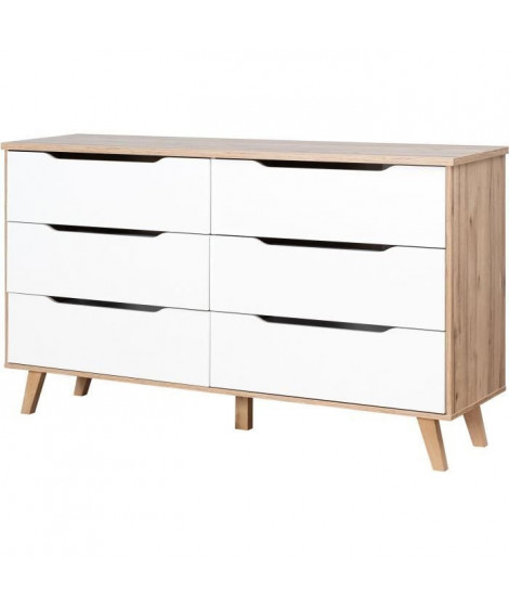 VANKKA Commode 6 tiroirs - Décor chene et blanc - L 154 x  P 42 x H 86 cm