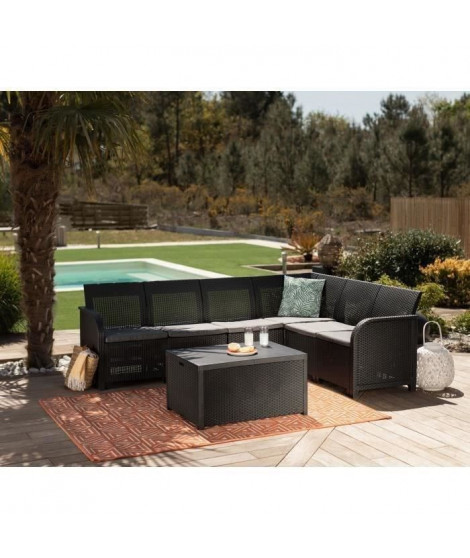 Salon de jardin en imitation résine tressée ALLIBERT avec table basse range-coussins - 6 personnes - SanRemo - Gris graphite