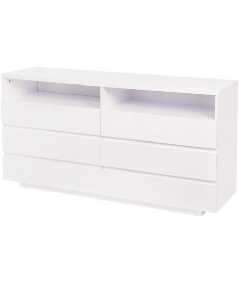 Commode LUX - 6 tiroirs et 2 niches + LED - Blanc - L 150 x P 40 x H 77 cm