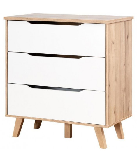 FINLANDEK Commode de chambre VANKKA scandinave décor chene et blanc mat + pieds en bois massif - L 80 cm