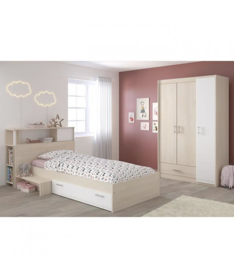 CHARLEMAGNE Chambre enfant complete - Tete de lit + lit + armoire - Style contemporain - Décor acacia clair et blanc