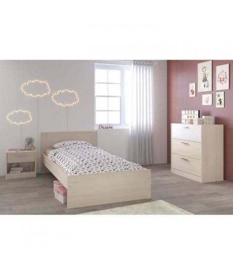 CHARLEMAGNE Chambre enfant complete style contemporain  décor acacia clair et blanc mat - l 90 x L 190 cm