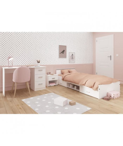 Chambre complete enfant 3 pieces ZODIAC - Lit + chevet + bureau - Décor blanc mat - PARISOT