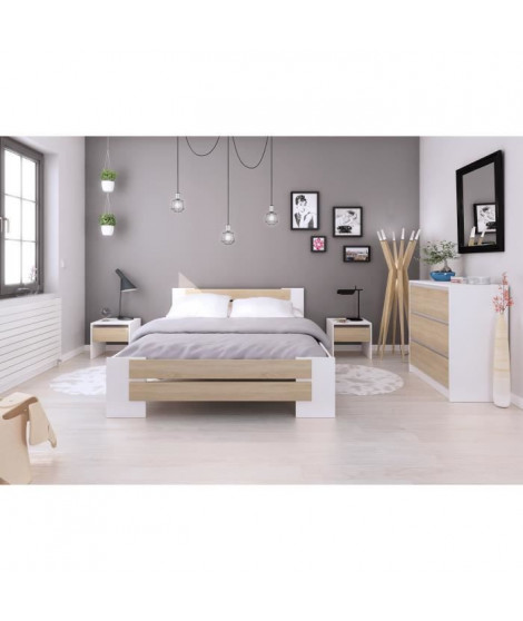 MAO Chambre adulte complete - Contemporain - Blanc mat et décor chene sonoma - l 140 x L 190 cm