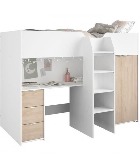 Lit combiné mezzanine enfant - Décor blanc et chene - Sommier inclus - 90x200 cm - TOM