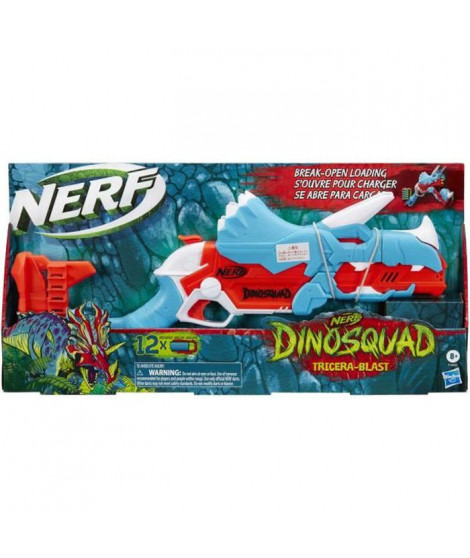 NERF - DinoSquad - Blaster Tricera -blast - s'ouvre pour charger 3 fléchettes - 12 fléchettes NERF - - apparence de triceratops