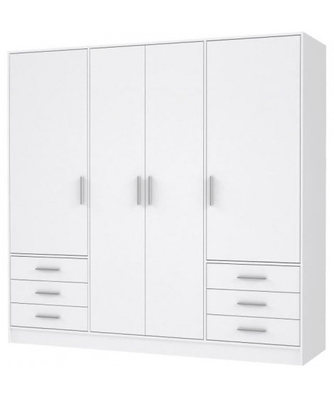 JUPITER Armoire 4 portes 6 tiroirs -  Blanc mat -  L 206,5 x P 60 x H 200 cm