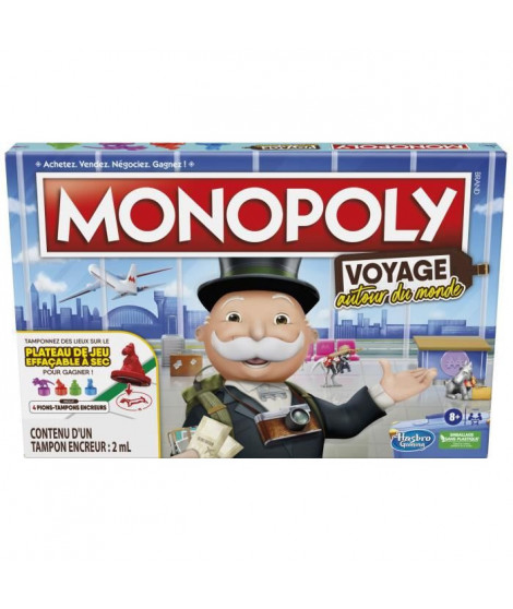 Monopoly Voyage autour du monde, jeu de societe, des 8 ans, avec pions-tampons encreurs et plateau effaçable a sec